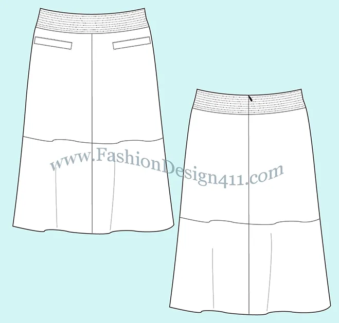 A Fashion Flat Sketch (038) of a women's a-line skirt with top stitched waistband