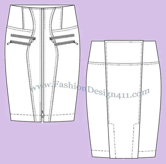 A Fashion Flat Sketch (039) of a women's zipper front pencil skirt