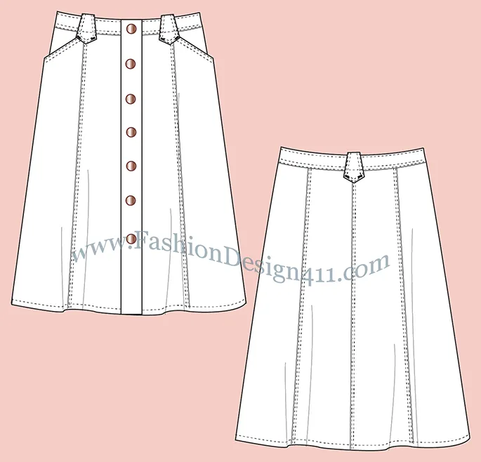 A Fashion Flat Sketch (040) of a women's button down, 8 panels skirt