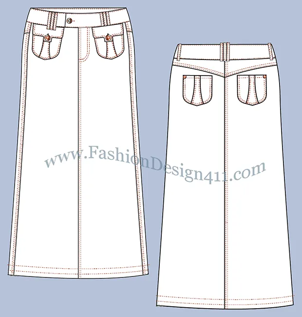 A Fashion Flat Sketch (048) of a women's maxi denim skirt with novelty patched pockets