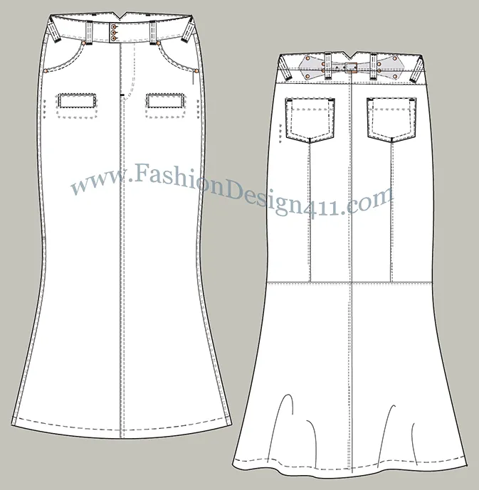 A Fashion Flat Sketch (052) of a women's fishtail skirt with buckled back tab