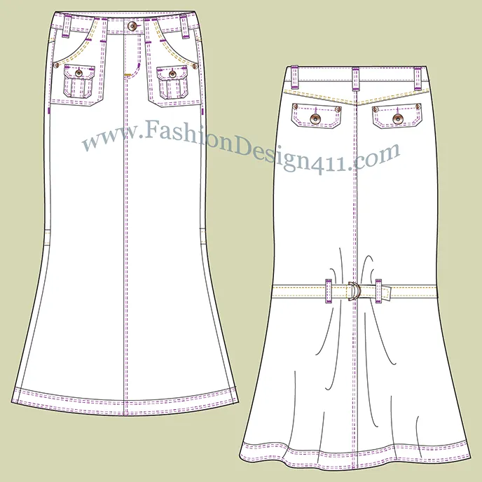 A Fashion Flat Sketch (056) of a women's fishtail, multi pockets skirt