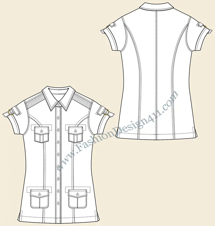 A Fashion Flat Sketch (018) of a women's fitted tunic with four patched poackets