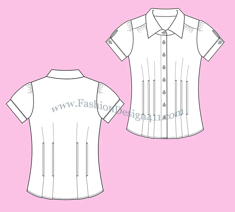 A Fashion Flat Sketch (022) of a women's fitted shirt with cuffed short sleeves