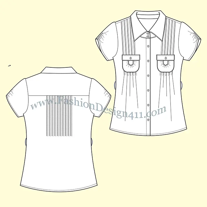 A Fashion Flat Sketch (024) of a women's pintack shirt with chest pockets