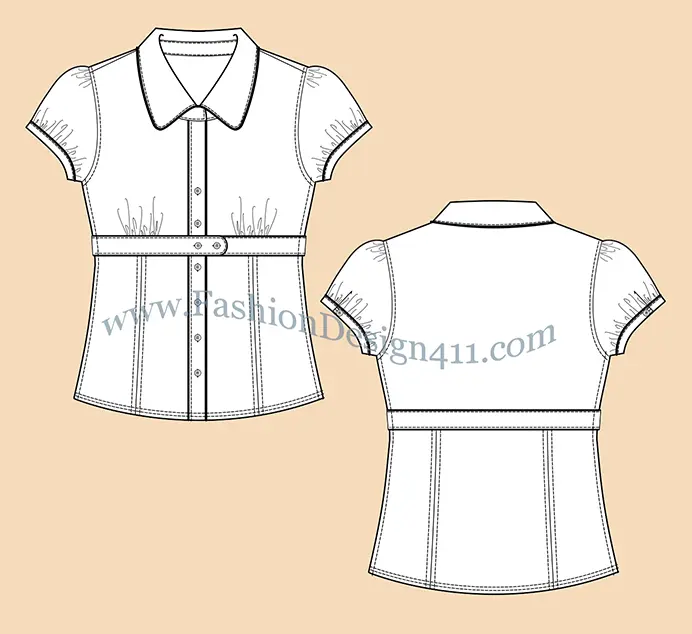 A Fashion Flat Sketch (026) of a women's gathered rounded collar, puff sleeves blouse