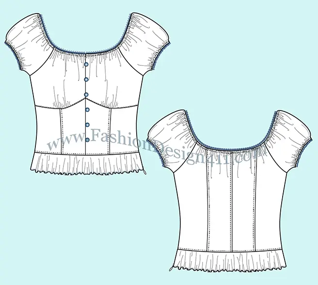 A Fashion Flat Sketch (028) of a women's fitted bodice peasant top