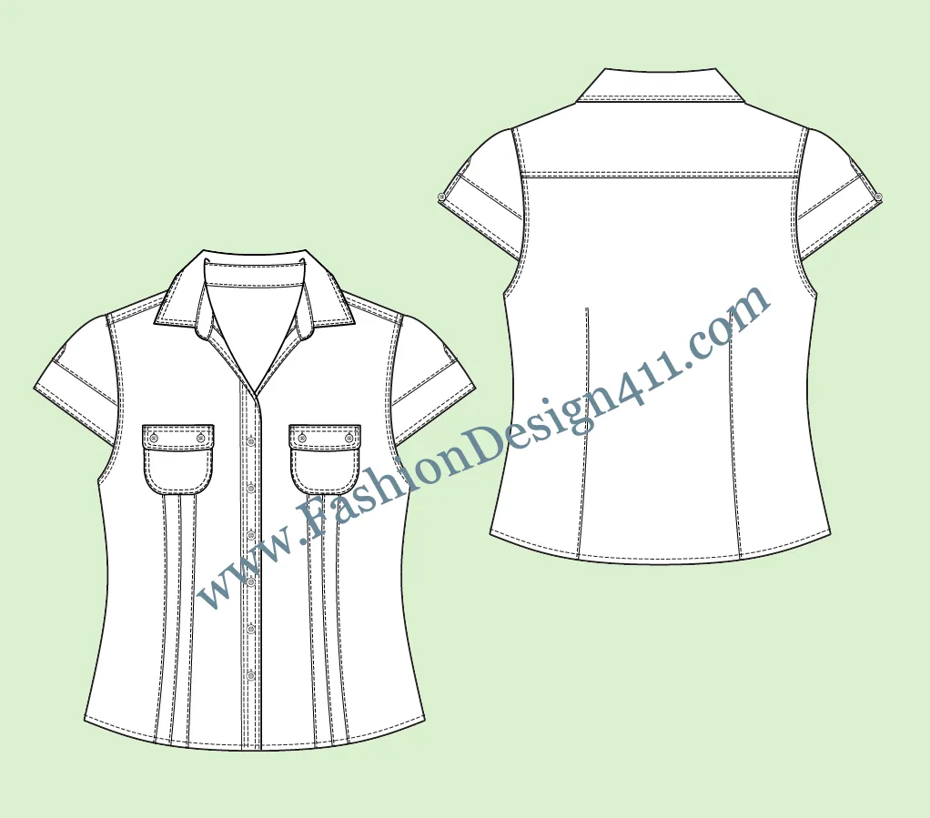 034 fashion flat sketch of a women's, open notch collar, cap sleeves shirt