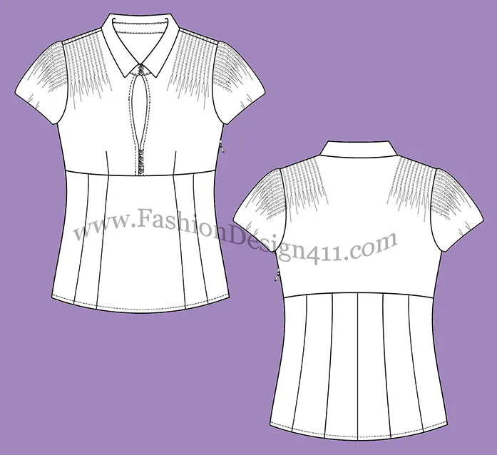 A Fashion Flat Sketch (035) of a women's keyhole blouse with pin tucks