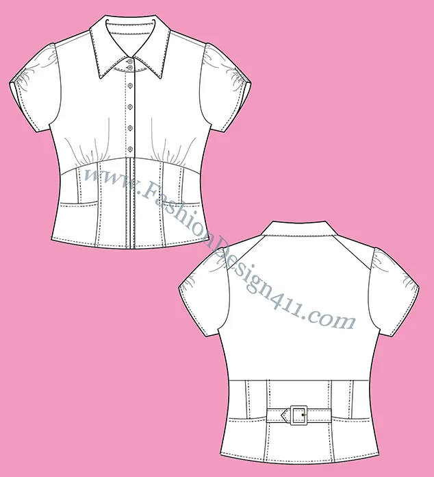 A Fashion Flat Sketch (036) of a fitted with style lines bottom, women's blouse with sleeves and front gathers