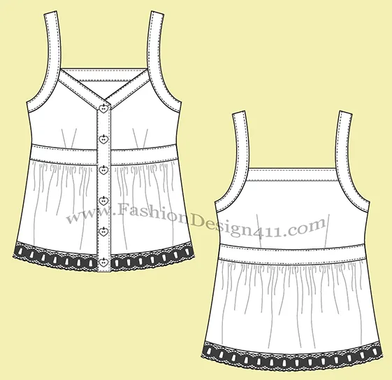 A Fashion Flat Sketch (037) of a women's shoulder straps, gathered at empire waist top with button down, front placket