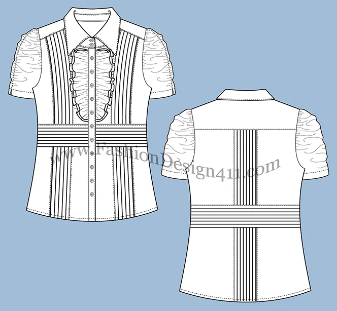 A Fashion Flat Sketch (038) of a ruched sleeves, women's jabot shirt with tucks