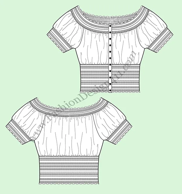 A Fashion Flat Sketch (040) of a buttoned down women's peasant top with smocking