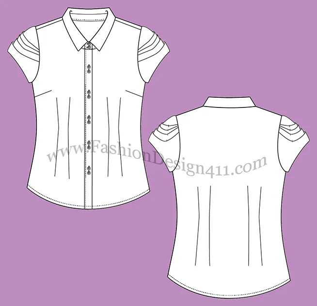 A Fashion Flat Sketch (046) of a pleated sleeves, Women's fitted shirt with doubled buttons