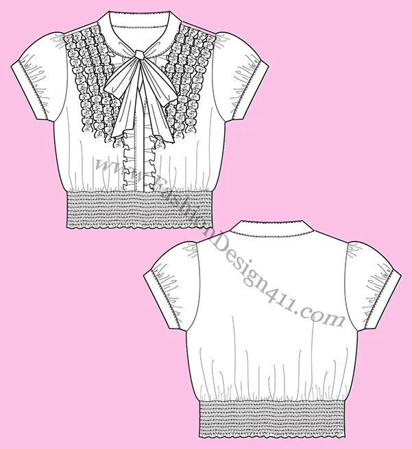 A Fashion Flat Sketch (047) of a front bow, Women's blouson with smocked bottom