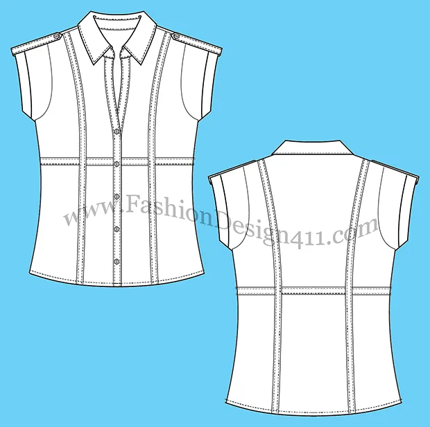 A Fashion Flat Sketch (048) of a short sleeves, Split Neck, Women's shirt with shoulder tabs, and stylelines trim