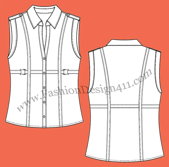 A Fashion Flat Sketch (049) of a Women's sleeveless shirt with shoulder tabs, and stylelines trim