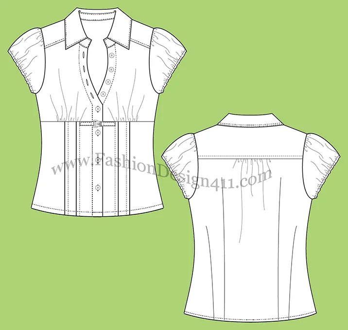 A Fashion Flat Sketch (051) of a split neck Women's blouse with gathered cap sleeves