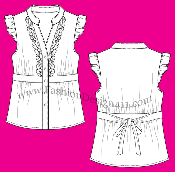 A Fashion Flat Sketch (052) of a tied at the back Women's blouse with ruffles