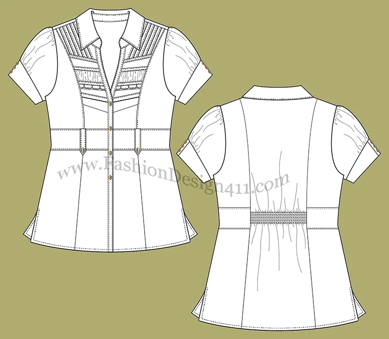 A Fashion Flat Sketch (054) of a smocked at the back Women's button down shirt with a split neckline