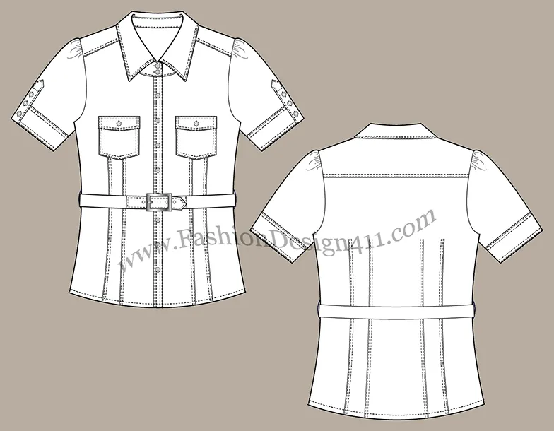 Fashion Flat Sketch (055) of a belted Women's shirt with short, buttoned, sleeves