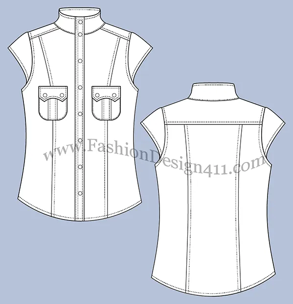 Fashion Flat Sketch (057) of a fitted with princess style lines, women's cap sleeves shirt
