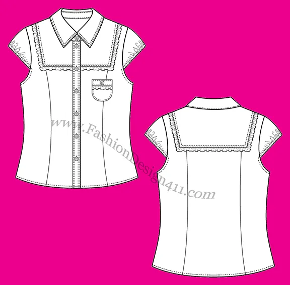 Fashion Flat Sketch (059) of a cap sleeves Women's Shirt with Ruffled front & back Yokes