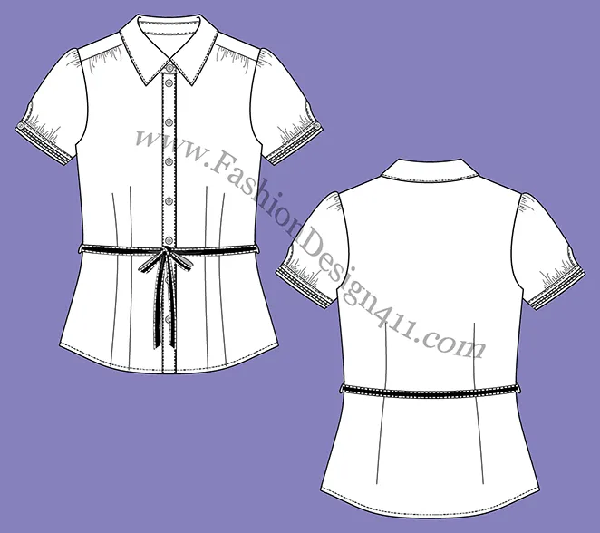 Fashion Flat Sketch of a Women's, Puff Sleeves, Fitted Shirt With a Sash Belt (062 )