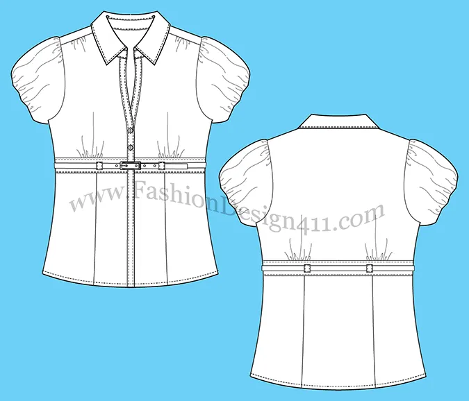 Fashion Flat Sketch of a Women's, Split Neck, Empire Waist Shirt (065)