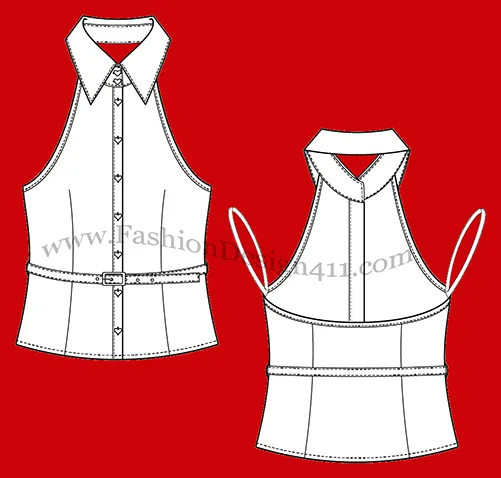 Fashion Flat Sketch of a Belted Women's Halter Top with Shirt Collar (066)