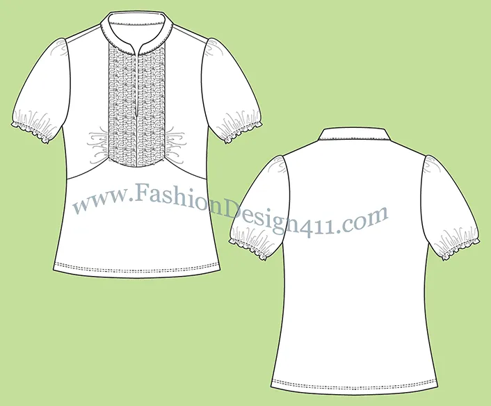 Fashion Flat Sketch of a Women's, Puff Sleeves Top With Smocked, Front Yoke. Fashion Flat Sketch