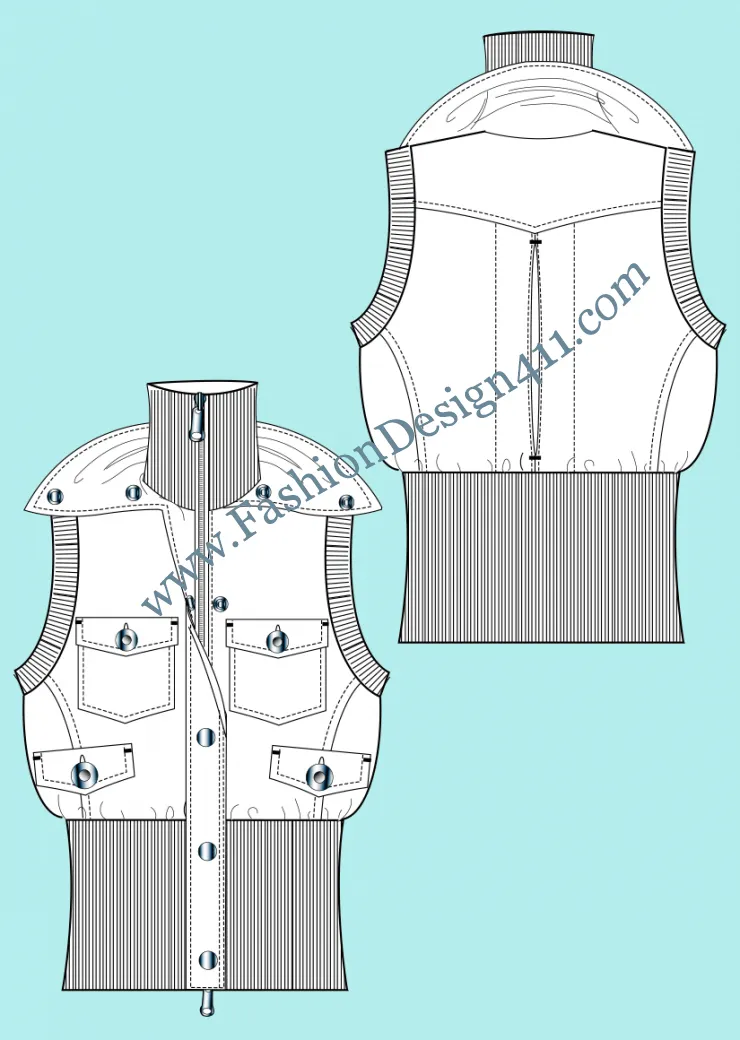 009 fashion flat sketch of a women's, sleeveless puffer (vest) with rib bottom, armholes binding, and mock collar