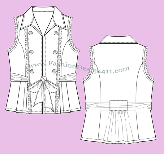 A Fashion Flat Sketch (012) of a women's tied at the front sleeveless top with frills