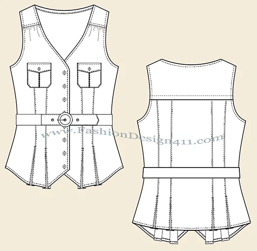 A Fashion Flat Sketch (023) of a women's pleated bottom, sleeveless top with safari chest pocket