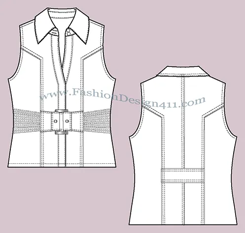 A Fashion Flat Sketch (025) of a women's sleeveless top with a buckle at the front