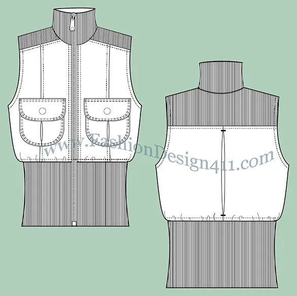A Fashion Flat Sketch (038) of a women's sleeveless puffer (vest)