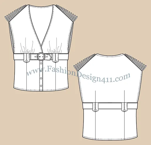 A Fashion Flat Sketch (040) of a women's belted at high waistline, sleeveless top